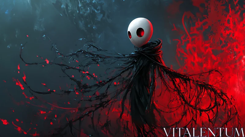 Spectral figure with white mask amid blue and red energy field