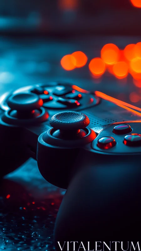 Game Controller Close-Up Illuminated with Orange and Blue Lighting