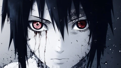 Cracked pale face with bleeding red anime eyes stares forward.