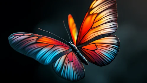 Luminous cyber-butterfly drifts through neon-tinted twilight