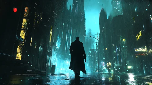 Lone figure strides through neon rain in a brooding city