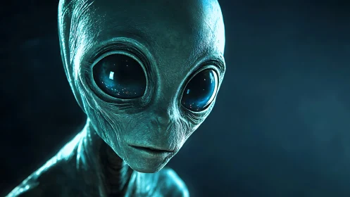 Alien creature portrait shows large glossy eyes and textured skin