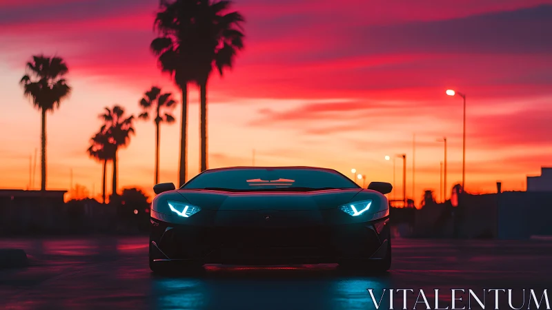 Supercar glows against neon sunset over palm-lined street.