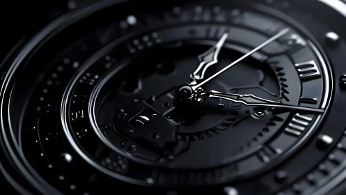 Elegant Close-Up of Black Luxury Clock with Roman Numerals.