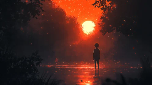 Silhouetted child in fiery red sunset forest scene.