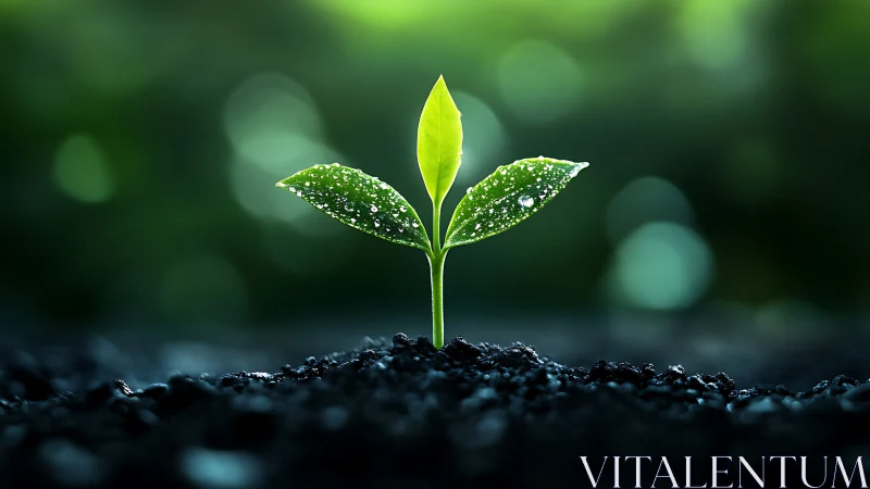 Dewlit green seedling rising from velvet soil at dawn glow.