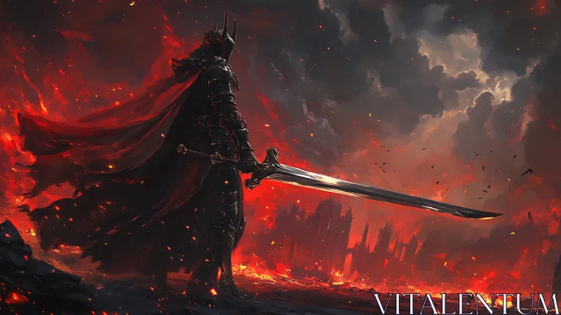 Dark armored warlord surveys burning infernal citadel