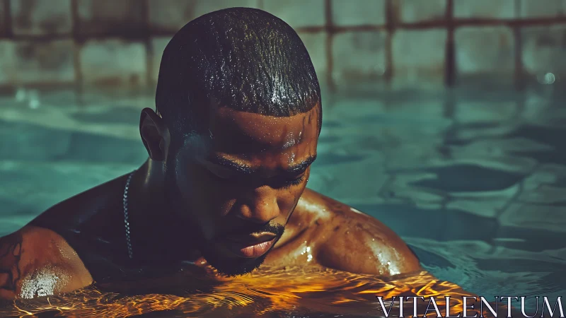 Brooding swimmer crowned in molten amber poollight calm.