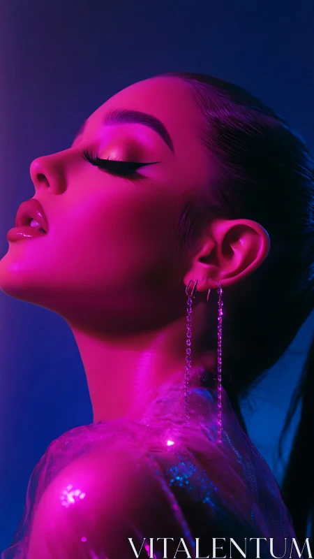 Neon-lit beauty portrait with bold eyeliner and glossy skin.