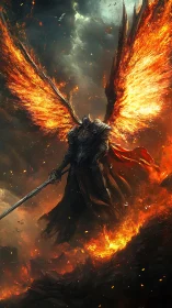 Armored seraph warrior with incandescent fire wings in battle