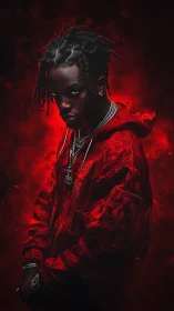 Crimson smoke crowns the brooding figure in molten spotlight