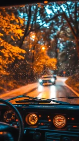 Rain-soaked windshield framing neon-lit forest road.