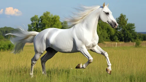 Kinematic study of galloping white horse across rural meadow.