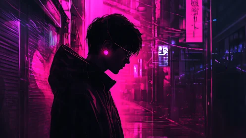 Neon rain hums while a lone silhouette listens for futures