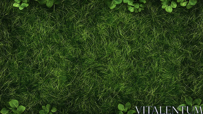Top view of dense green grass with corner foliage border.