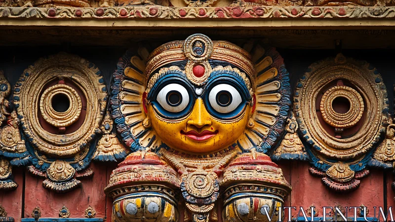 Lively temple guardian smiles from a colorful carved doorway
