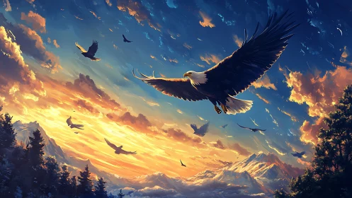 Majestic bald eagle soaring over mountains at sunset, digital art.