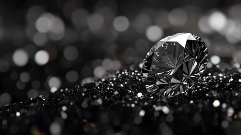 Solitary faceted gemstone rests on granular dark substrate