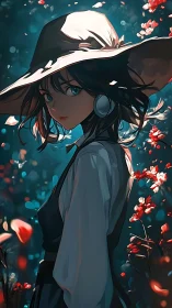 Gentle witch in a wide hat pauses among glowing blossoms