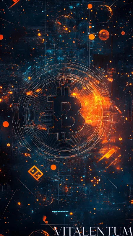 Bitcoin symbol within abstract digital network composition.