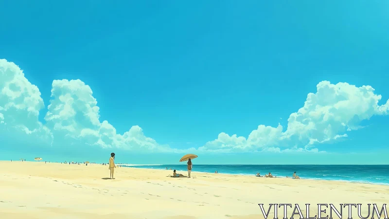 Wide-angle coastal panorama depicts stylized beach under cumulus field