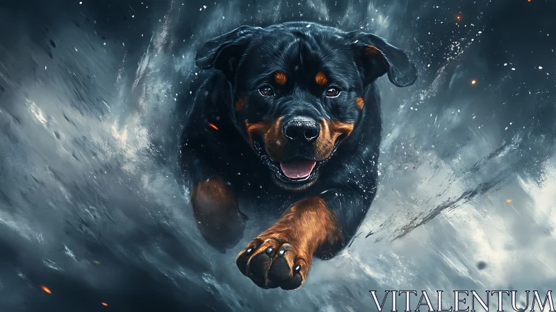 Rottweiler in mid-air charge through stormy particle burst.