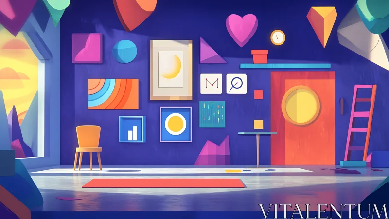 Colorful creative studio with playful geometric wall art.