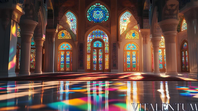 Iridescent stained glass mosque interior under refracted dawn light.