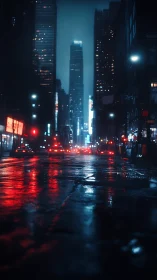Rain-soaked city avenue glowing with neon night reflections.