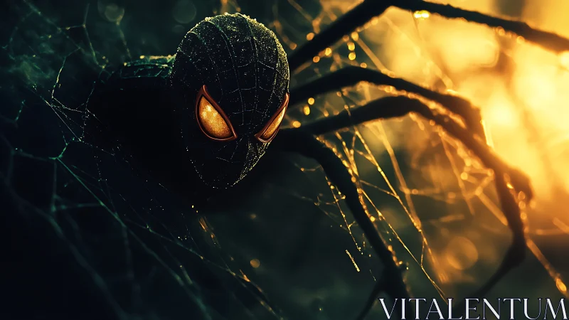 Spiderlike masked figure emerges through glowing web strands.