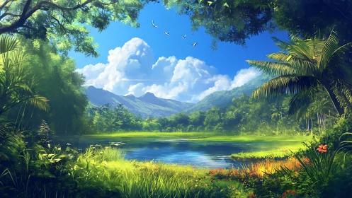 Tropical lake glows beneath towering clouds and ridges.