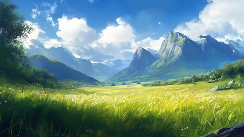 Sunlit alpine meadow beneath towering verdant peaks.