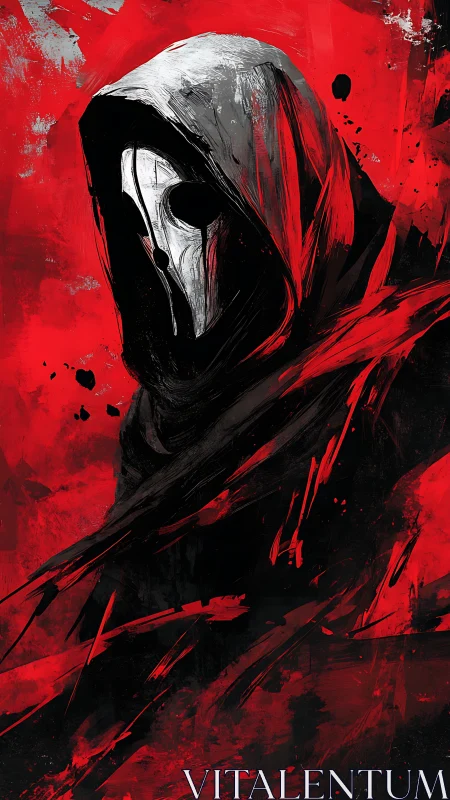 Hooded reaper figure emerges in crimson abstract chaos.