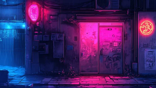 Neon lit alley doorway in rainy cyberpunk city at night.