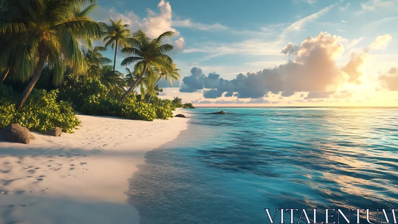 Tropical Beach Scene With Palm Trees, Turquoise Waters.