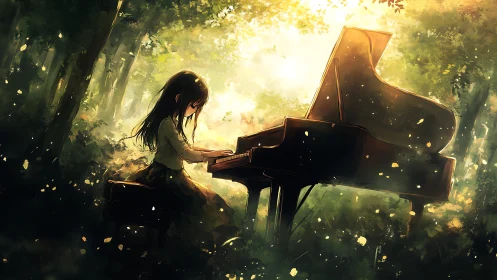 Girl at grand piano in dense forest with filtered light.