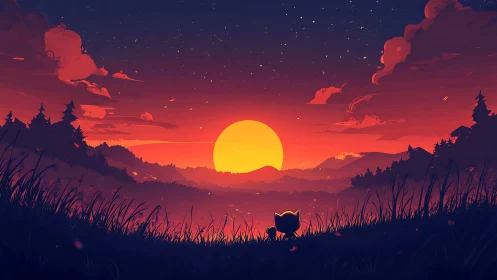 Silhouetted figures observing stylized sunset over hills.