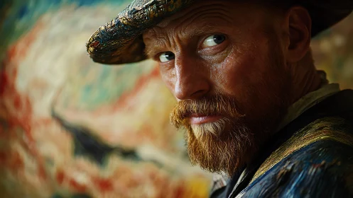 Bearded painter gazes back before swirling color canvas.