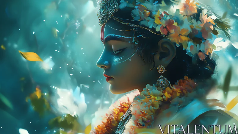 Profile portrait shows floral adorned figure with painted face