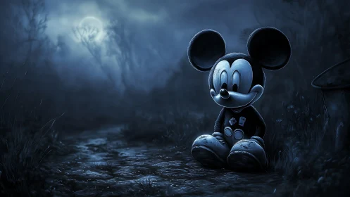 Cartoon mouse doll sitting alone in dark moonlit forest.