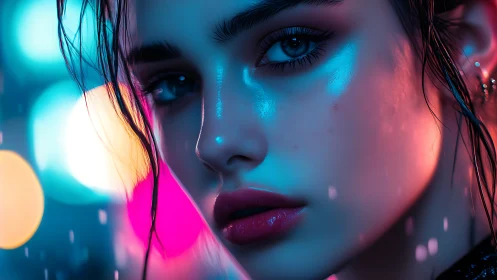 Neon-lit portrait captures intense gaze in cinematic rain.