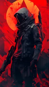 Cyberpunk assassin in red-lit geometric combat frame.