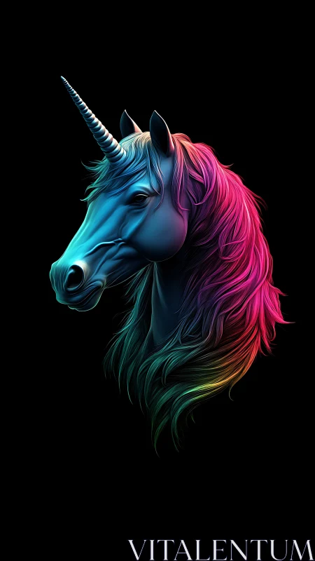 Neon dusk unicorn with prismatic mane on midnight void.
