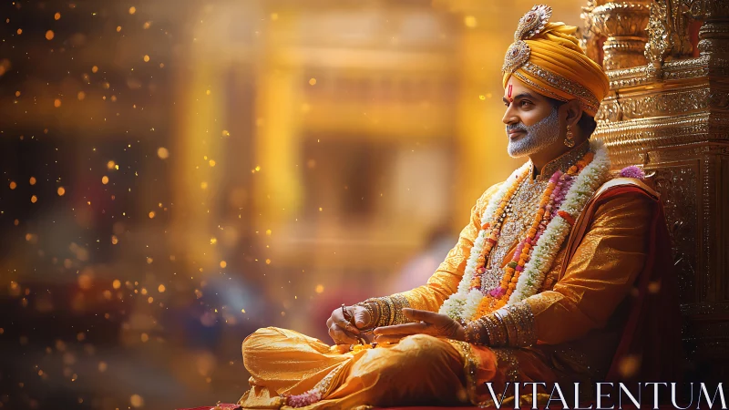 Regal Indian spiritual leader in golden ceremonial attire.