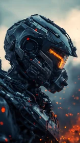 Armored humanoid robot stands amid rising embers and smoke