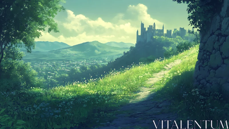 Sunlit hillside path leading toward distant emerald citadel.