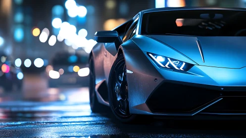 Sleek supercar under neon city lights on wet night street.