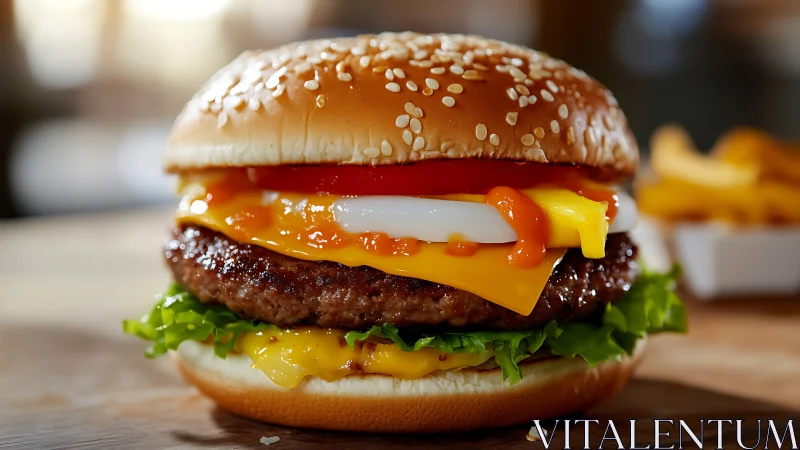 Stacked cheeseburger with toppings on wooden surface.