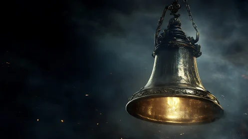 Luminous bronze bell lantern in cinematic volumetric haze.