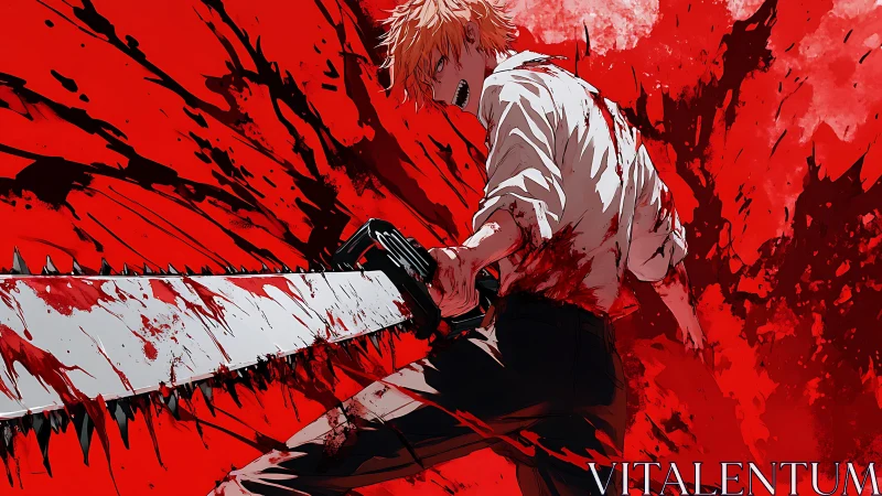 Chainsaw-wielding anime fighter slashes through red blood spray